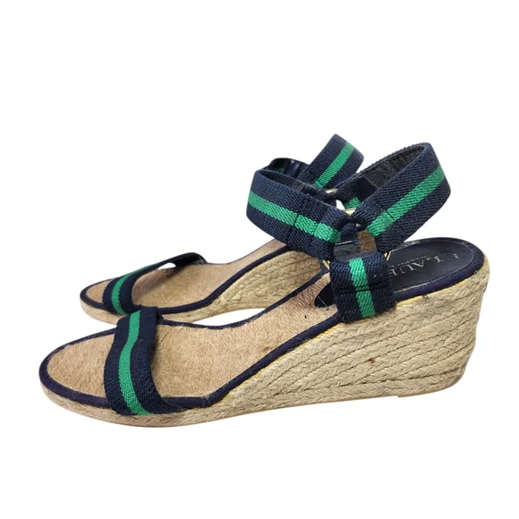 Lauren Ralph Lauren Ilene Espadrille Wedge Sandal Size 9 Navy Green Stripe 3" - Picture 2 of 10